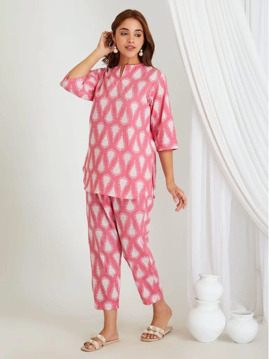 BREATHABLES Women Cotton Printed Loungewear Kurta and Pants Co-ord Set 3/4 Sleeve Round Neck Comfort Loose Fit Pink I Night Wear | Co-ord set | Lounge Wear Set