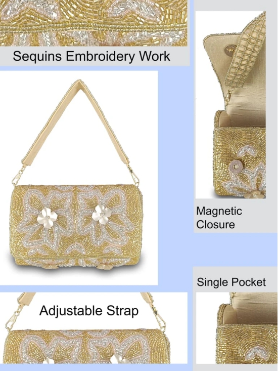 FHS Fancy Party Wear Sequins Embroidery Work Clutch Bag Golden Colour