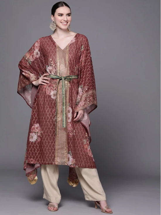 Women Maroon Floral Printed Flared Sleeves Kaftan Kurta