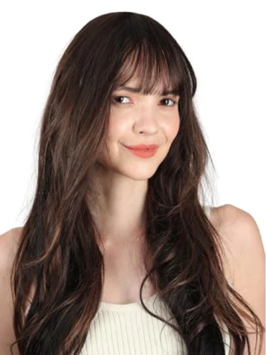 RefynHair Low Density Clip-In Hair Bang Extension | 100% Remy Human Hair | Natural Looking Fringe Hair Extensions for Girls and Women | Easy Single Clip In | Lightweight Wispy Bangs - Medium Brown