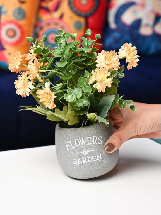 Yellow & Green Artificial Flower with Pot - Cylindrical Shape with Flowers & Garden Print