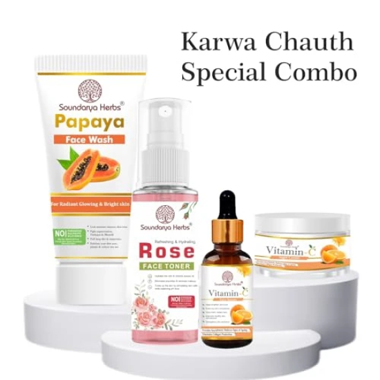 Soundarya Herbs Glow Combo Pack - Papaya Face Wash, Rose Face Toner, Vitamin C Serum, Night Cream, Skincare Set