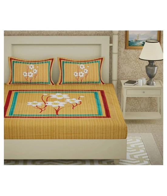 Frionkandy Cotton Queen Bed Sheet with Two Pillow Covers - Yellow - Yellow