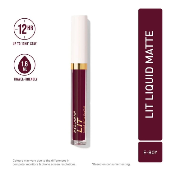 LIT Liquid Matte Lipstick - E-Boy (Deep Berry Shade) | Long Lasting, Smudge-proof, Hydrating Matte Lipstick With Moringa Oil (1.6 ml)