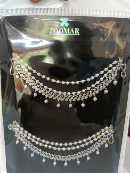 Pearl and Silver Double Chain Maang Tikka with Earrings