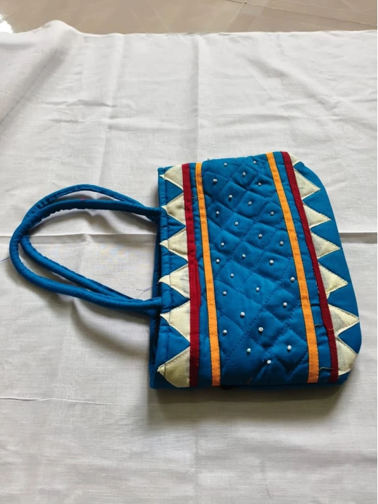 Handmade Beaded Blue Cotton Tote Bag