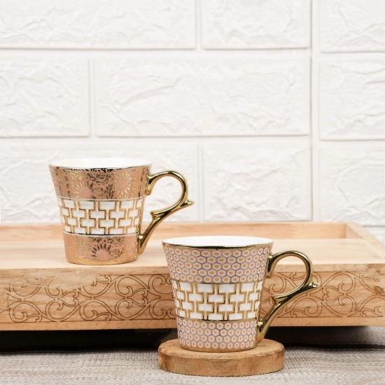 Femora Honey Comb with Golden Daisy Ceramic Tea Cups, Coffee Mugs (160 ml, Golden) - 6 Pcs Set