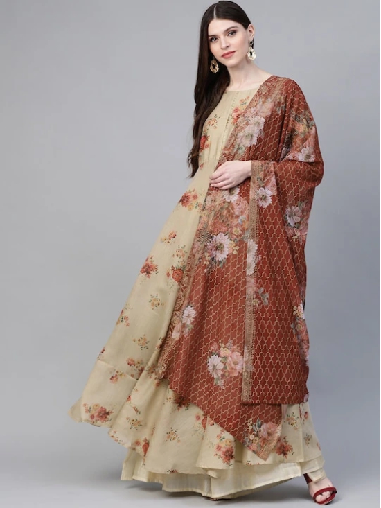 Women Beige & Red Floral Printed Anarkali Kurta with Dupatta