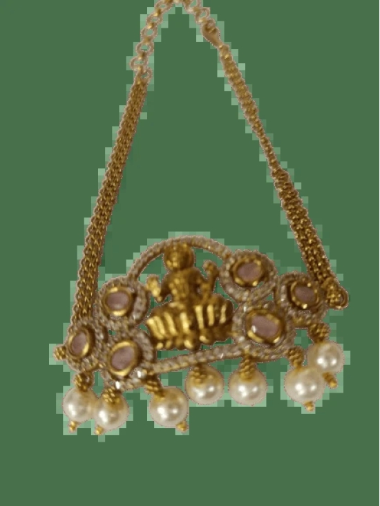 Stunning Gold-Plated Goddess Laxmi Pendant with Pearls and Pink Stones for Women