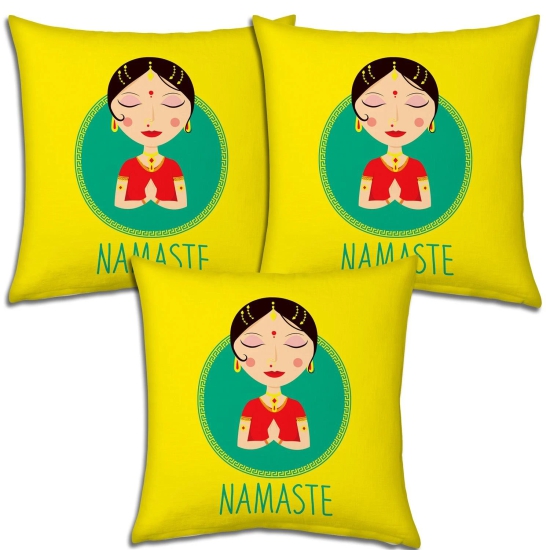 Indigits Festival Gifts Diwali Christmas New Year Set of 3 Yellow Warm Greeting Namaste Indian Lady Printed Polyester 12X12 Cushions Home Family Friends