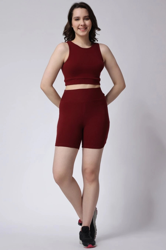 Womens Maroon Gym Co-Ord Set Ribbed Sleeveless-M / Maroon