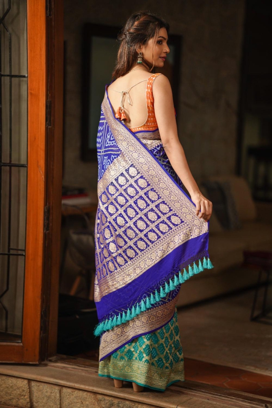 Blue and Turquoise blue Half and Half Exquisite Bandhni Saree with Jaal zari and Sarkam Bandhej | SILK MARK CERTIFIED