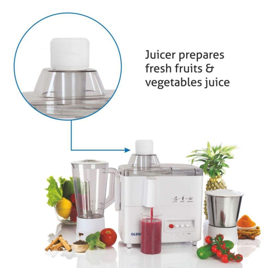 Glen 3 in 1 Juicer Mixer GrinderJuicer Mixer Grinder 4010 500 watt Motor 2 Jars ISI White, 2 Years Warranty