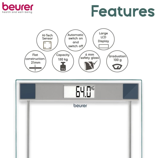 Beurer GS 11 Glass Bathroom weight Scale with Transparent LCD Digital Display ,5 Years Warranty