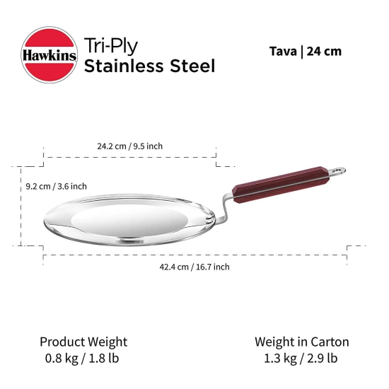 Hawkins Tri-Ply Stainless Steel Induction Compatible Tava, Diameter 24 cm, Thickness 3.5 mm, Silver (SSTV24)