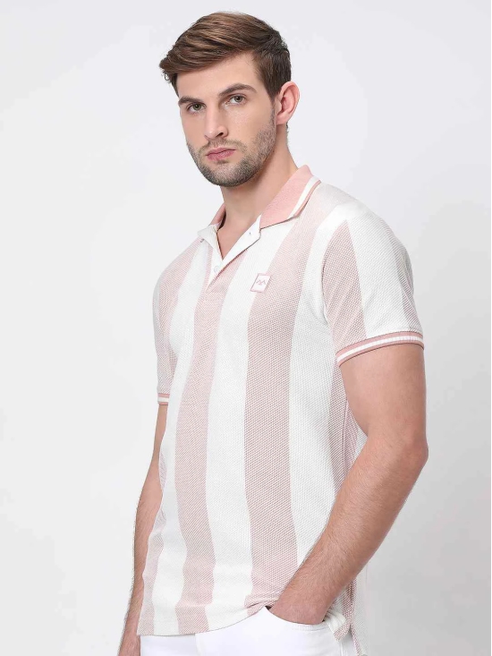 Peach Textured Stripe Slim Fit Polo T-Shirt