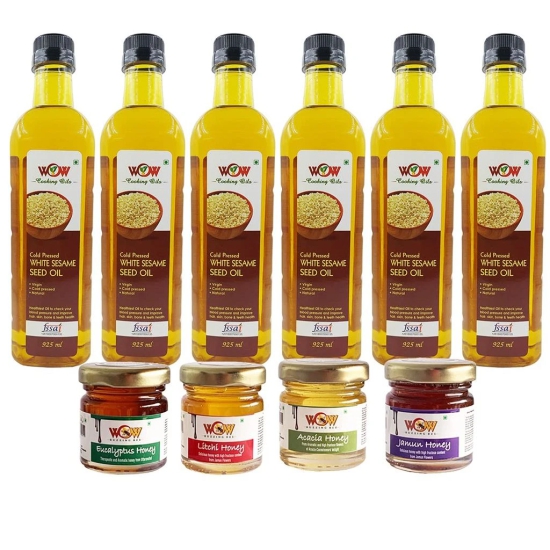 WOW Cooking Oils Virgin Cold Pressed White Sesame Seed Cooking Oil (925 Ml x 6) with Free (55 GMS x 4 Varieties) Raw Honey