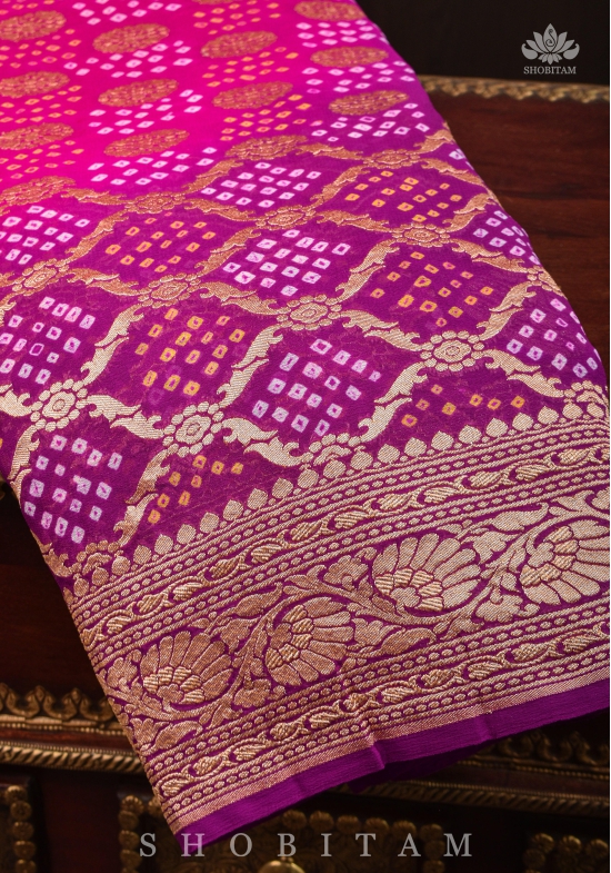 Ombre Purple-Pink Shades - Authentic Hand Bandhej Banarasi Silk Georgette Saree | SILK MARK CERTIFIED