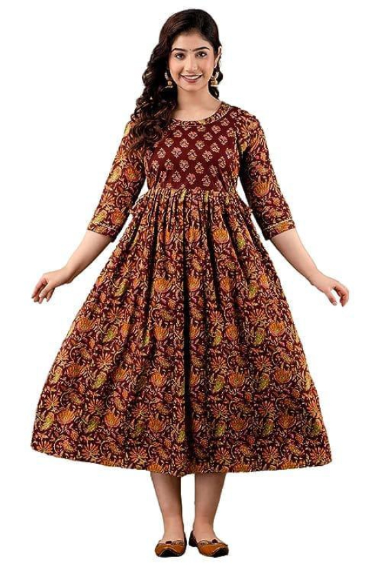 KASHVI Creation Women's Cotton Floral Printed Anarkali Maternity Feeding Kurta ( Brown)