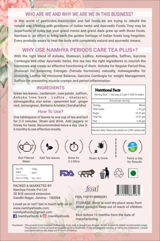 NAMHYA Periods Care Tea Plus+ with Natural Ayurvedic Herbs for Hormonal Balance and Pain Free Periods (100g)