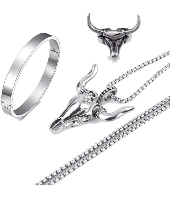 Fashion Frill Silver Chain For Men Stainless Steel Bull Design Silver Chain Pendant With Silver Kada Bracelet For Men Boys Jewellery Combo - None