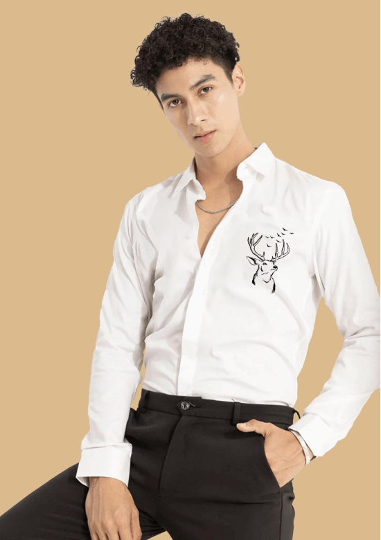 Deer Printed White ClubWear Shirts By Offmint-L