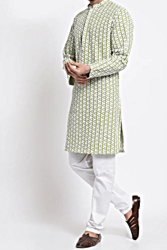 Men's Green Cotton Chikan Kurta