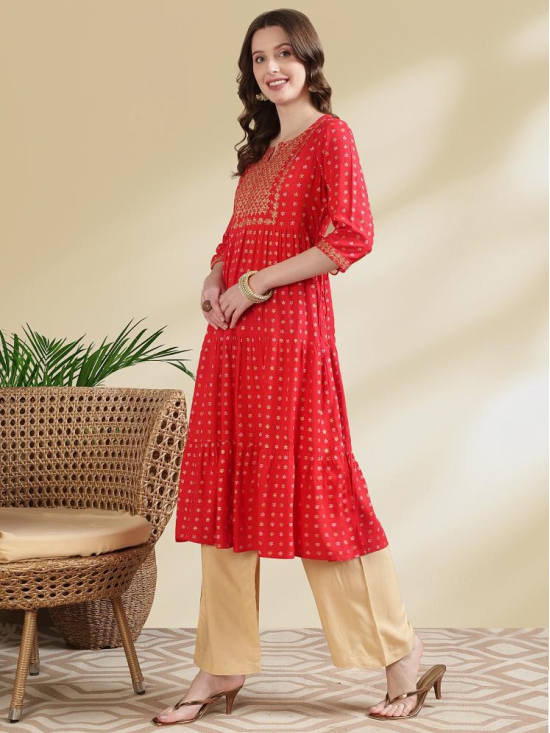 Rangita Women Rayon Red Embroidered Ankle Length Tiered Flared Kurti - None