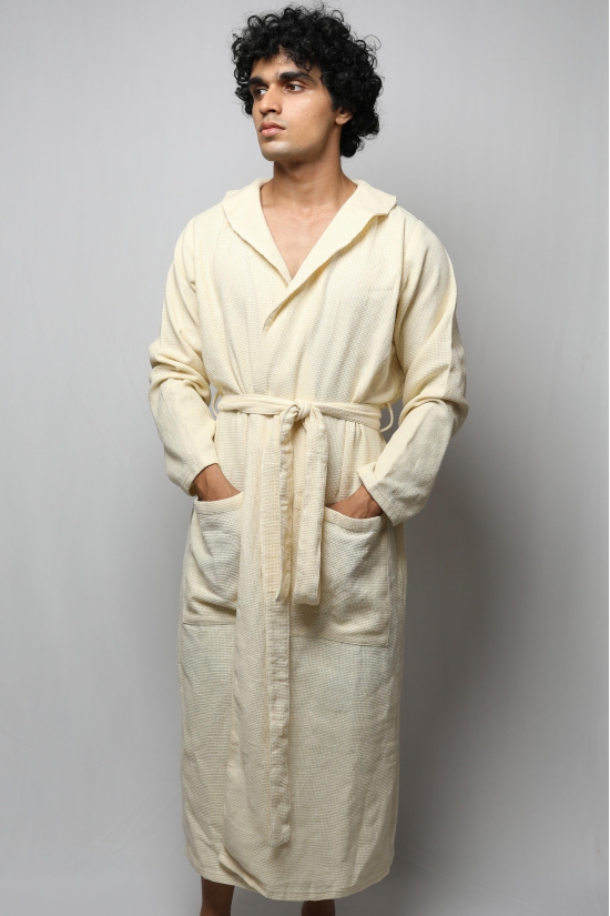 Cotton matte bathrobe with lining - full length-Off White / XL