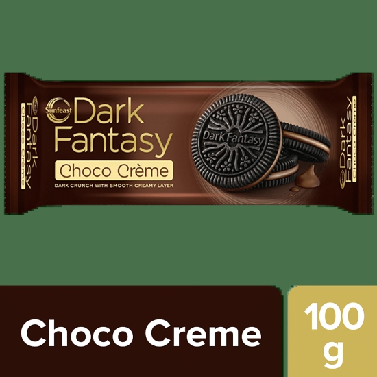 Sunfeast Dark Fantasy - Choco Creme, Dark Crunchy Biscuit With Smooth Creamy Layer, 100 G Pouch