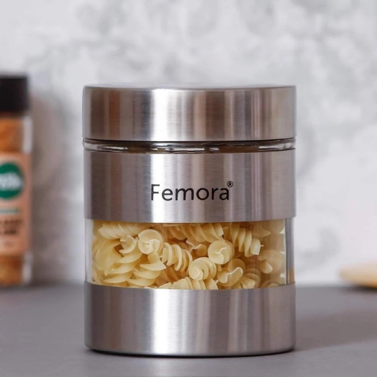 Femora Clear Glass Steel Metallic Jars for Kitchen Storage, 1000 ML, Free Replacement of Lids