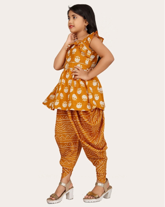 Girls A-line Sleeveless Rayon Dhoti Kurta and Dupatta Set Festive & Party Floral Print Square Neck Dupatta Net Border Lace.-Blue / 4 - 5 Years