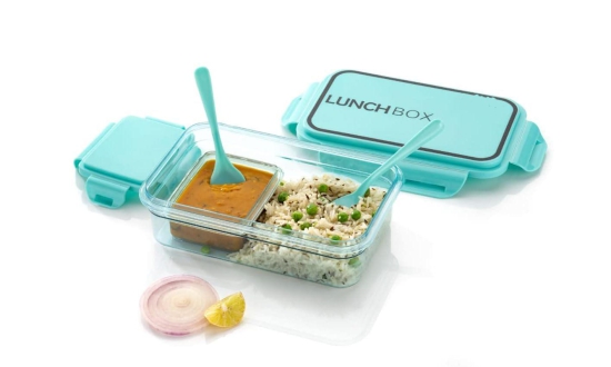 Entisia Classic Transparent Lunch Box - 1 Pcs High Microwave Safe Two Compartment Lunch Box, Plastic Leak Proof Tiffin Box for Travelling, School Kids, Boys, Office (Multicolour)