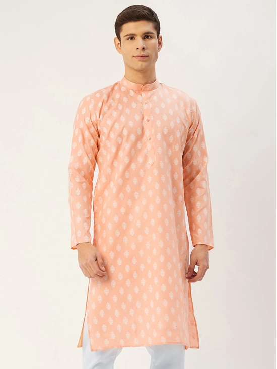 Jompers Mens Peach Cotton Floral printed kurta Only-XXL / Peach