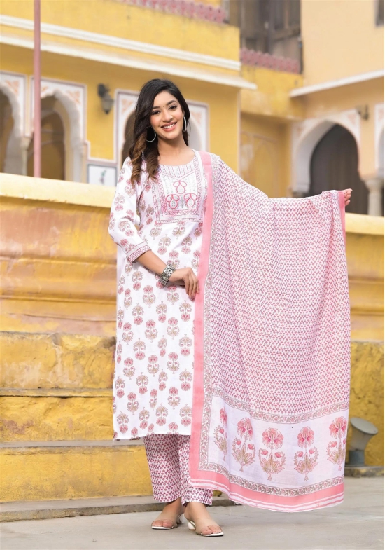 Pink and White Color Straight Kurta set with Dupatta and pant-L