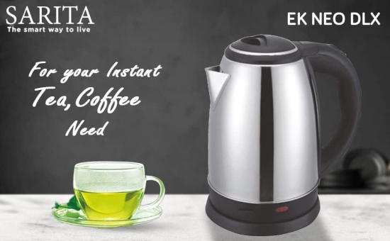 Sarita Kitchenware 1.8 Litres Cordless Electric Kettle with Stainless Steel Body,|1000W |Automatic Cut-off|Rotatable Base|used for boiling Water,making tea and coffee,instant noodles,soup etc(Silver)