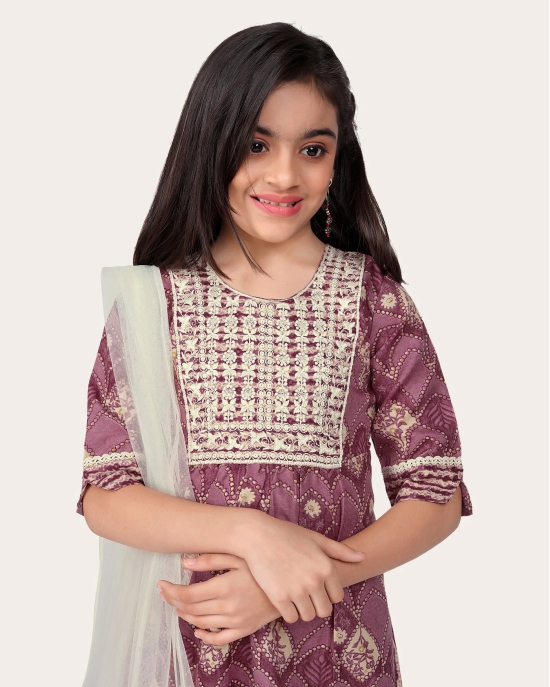 Kid Girls Embroidered Cotton Printed Full stitched Nayara Cut Kurtis with Bottom Dupatta set-Purple / 13 - 14 Years