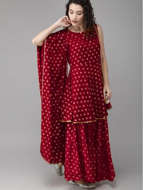 Women Maroon & Gold Printed Kurti with Sharara & Dupatta