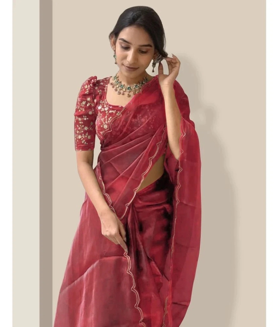 A TO Z CART Organza Solid Saree With Blouse Piece - Red ( Pack of 1 ) - Red