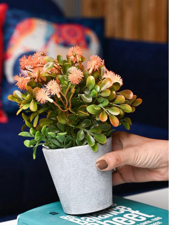 Orange & Green Artificial Flower with Pot - Cylindrical Shape