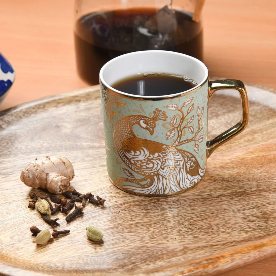 Femora Peacock Motif with Leaves Pattern Golden Tea Mugs, Ceramic Tea Cups, Coffee Mugs (180 ml, Golden) - 6 Pcs Set