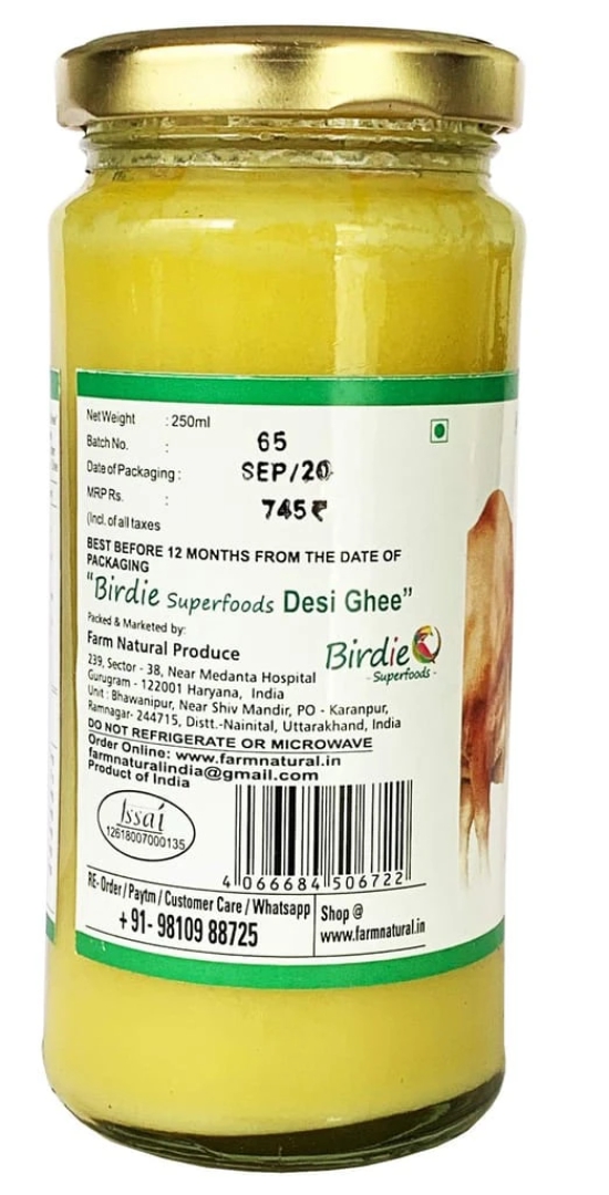 Birdie Superfoods -100% Pure Natural A2 Milk Desi Sahiwal Cow Ghee Prepared from Vedic Bilona Method-Immunity Superfood (250 ml) Glass Bottle