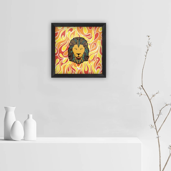 Indigifts Sun Sign Wall Decor Lion Face With Fire Pattern Multi Poster Frame 6x6 Inches - Leo Frame, Zodiac Design Poster Frames, Zodiac Wall Frames, Star Sign Gifts