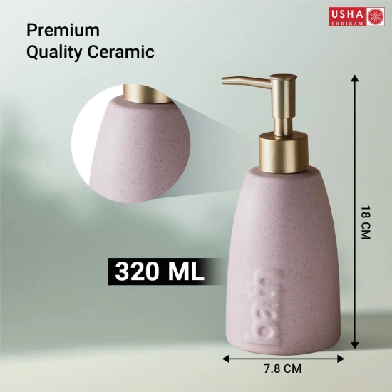 USHA SHRIRAM 320ml Ceramic Soap Dispenser Set, Pink, Pack of 2-USHA SHRIRAM 320ml Ceramic Soap & Lotion Dispenser Set, Pink, Pack of 2.