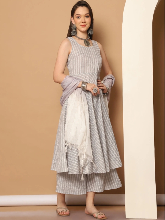 Women Grey Woven Design Flared Kurta with Palazzos & With Dupatta-XXL / Gray