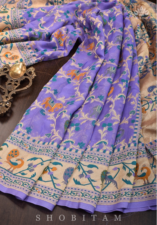 Paithani Design Four color Meenakari Shikkaargah Jaal on Pure Silk Georgette Lavender Saree | SILK MARK CERTIFIED