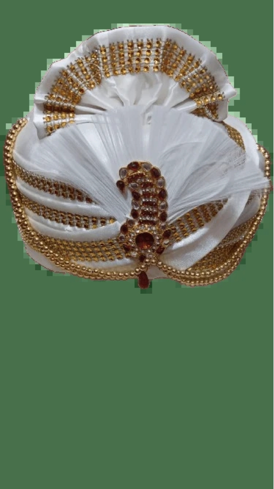 White Wedding Turban with Gold and Maroon Embellishment