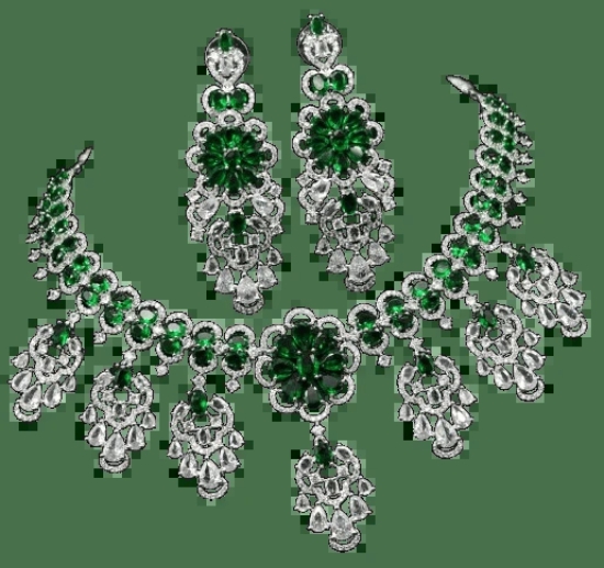 Green and White Rhinestone Necklace and Earrings Set