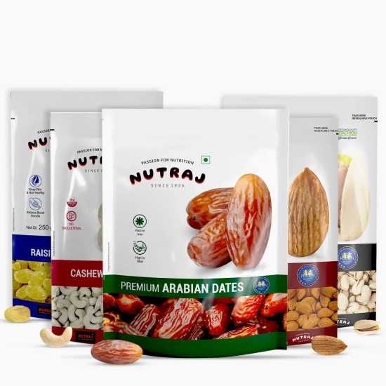 Nutraj Nutty Mix Combo 1.5kg (250g Almonds, 250g Cashews, 250g Pistachios, 250g Raisins & 500g Arabian Dates)