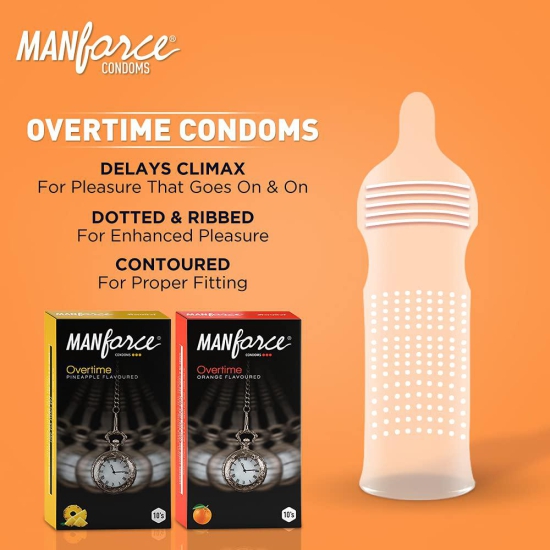 MANFORCE Overtime Orange & Pineapple 3in1 (Ribbed Contour Dotted) Condoms - 10s (Pack of 2) Condom (Set of 2 20 Sheets)